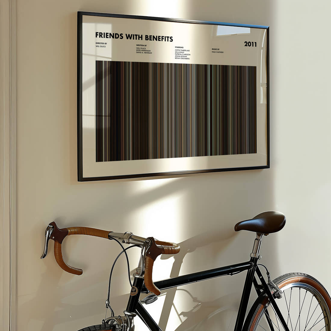 Friends With Benefits Movie Barcode Poster framed on the wall of a styled room setting