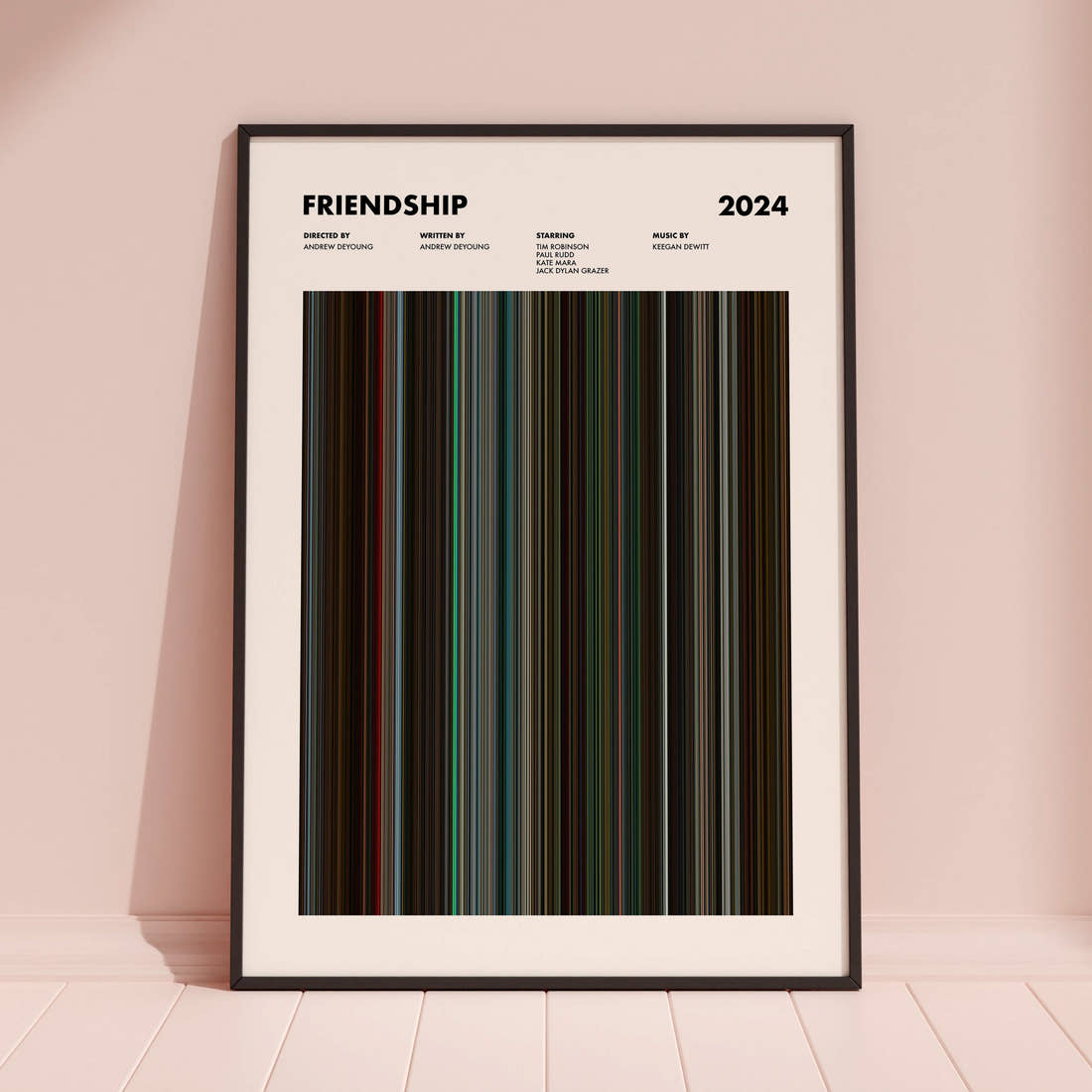 Friendship Movie Barcode Poster framed and leaning against a coloured wall