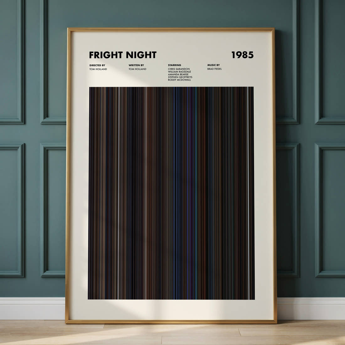 Fright Night Movie Barcode Poster framed and leaning against a panelled wall