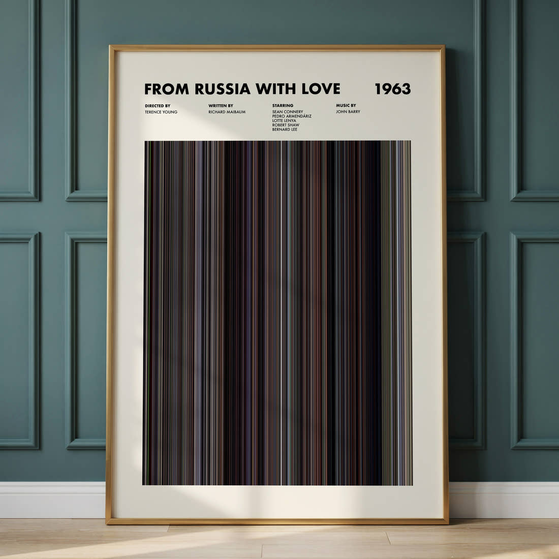From Russia With Love Movie Barcode Poster framed and leaning against a panelled wall