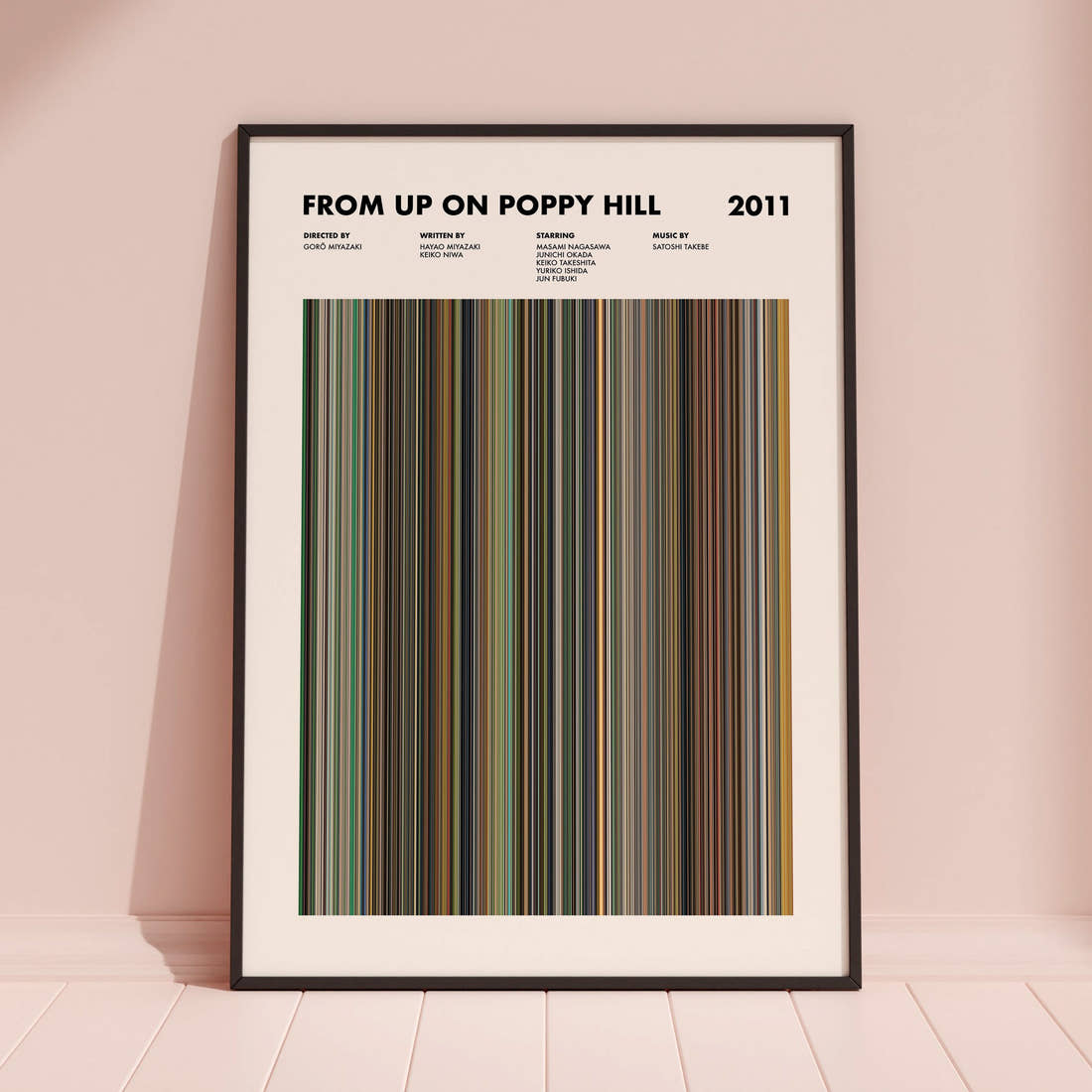 From Up On Poppy Hill Movie Barcode Poster framed and leaning against a coloured wall