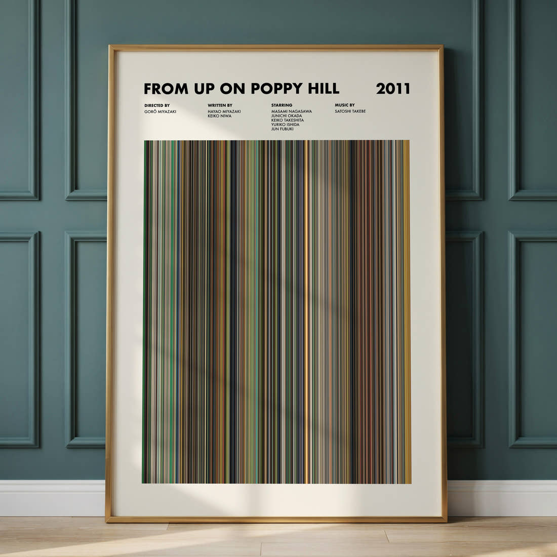 From Up On Poppy Hill Movie Barcode Poster framed and leaning against a panelled wall