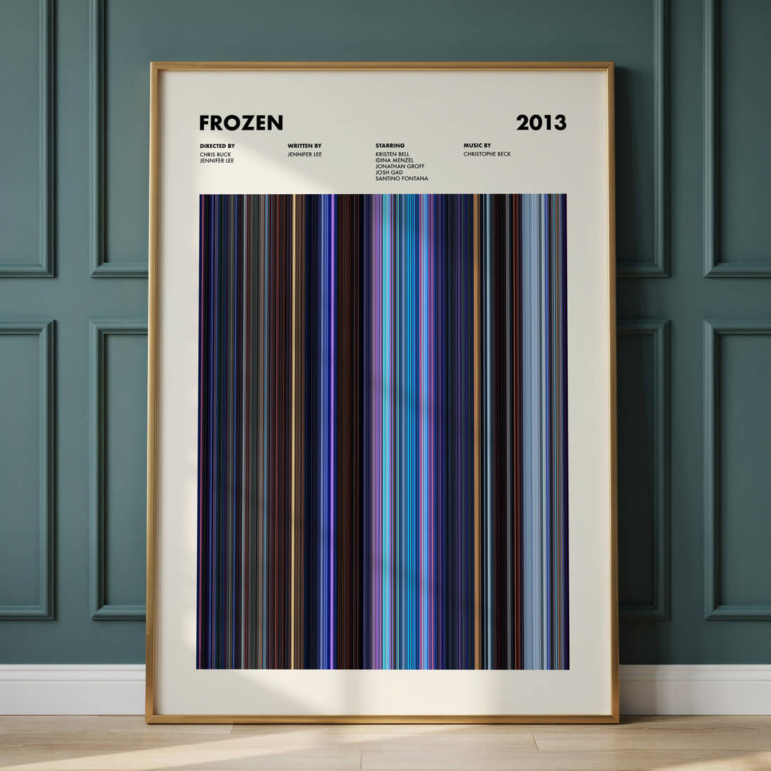 Frozen Movie Barcode Poster framed and leaning against a panelled wall
