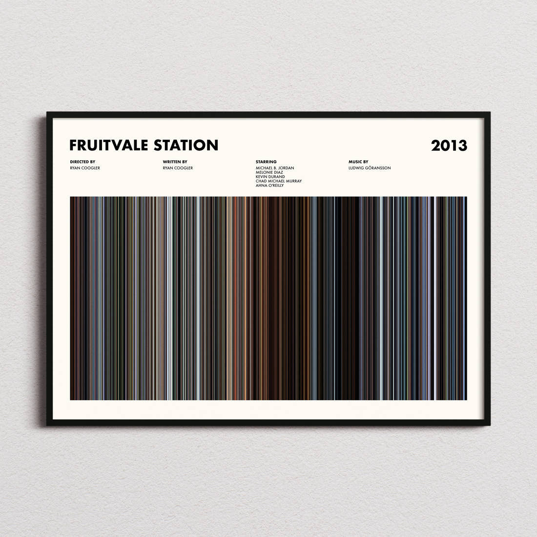 Fruitvale Station Movie Barcode Poster framed and photographed straight on