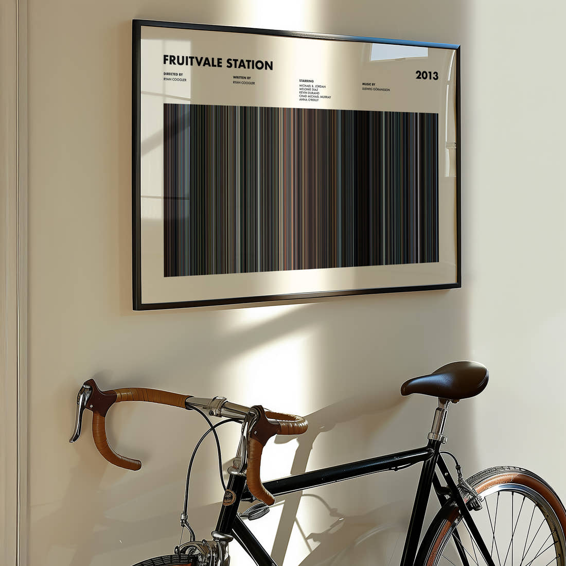 Fruitvale Station Movie Barcode Poster framed on the wall of a styled room setting