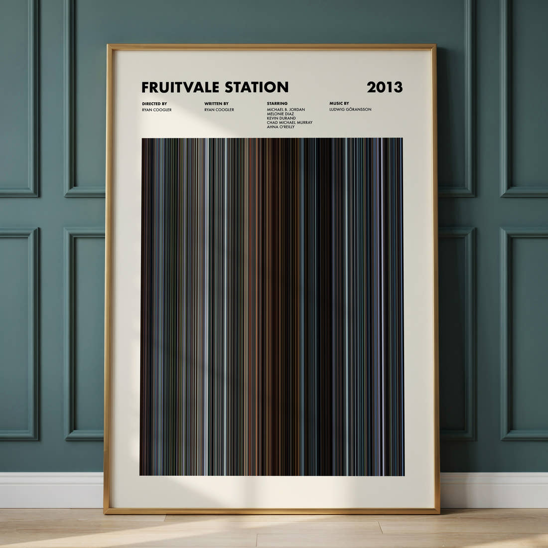 Fruitvale Station Movie Barcode Poster framed and leaning against a panelled wall
