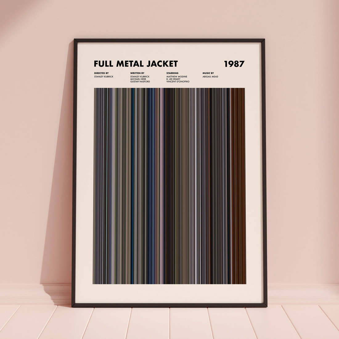 Full Metal Jacket Movie Barcode Poster framed and leaning against a coloured wall