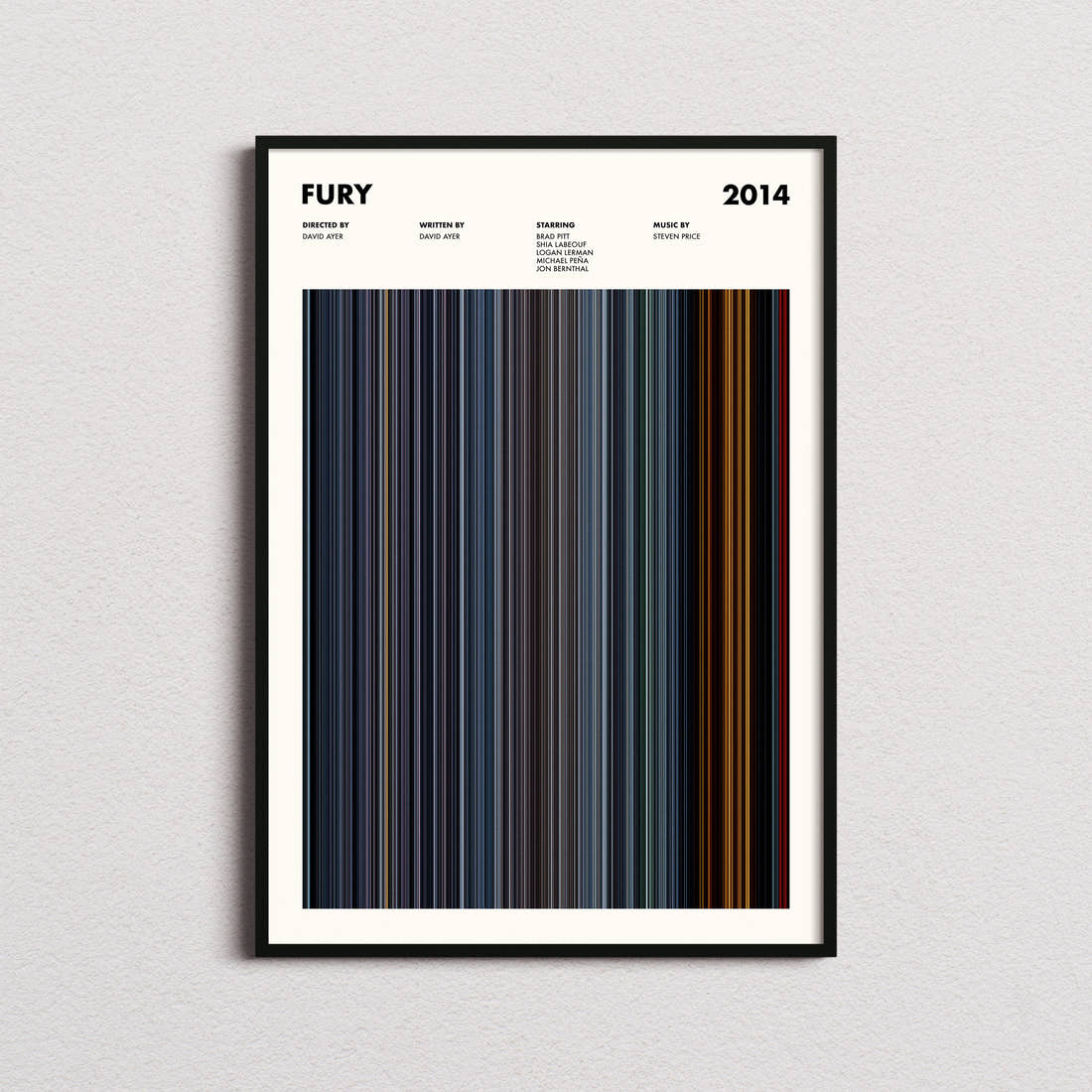 Fury Movie Barcode Poster framed on a plain studio wall