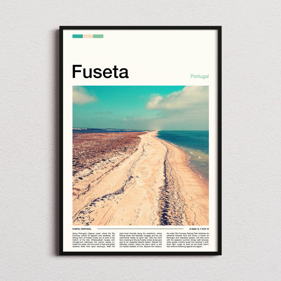 Fuseta Aerial Beach View Travel Print framed and photographed straight on