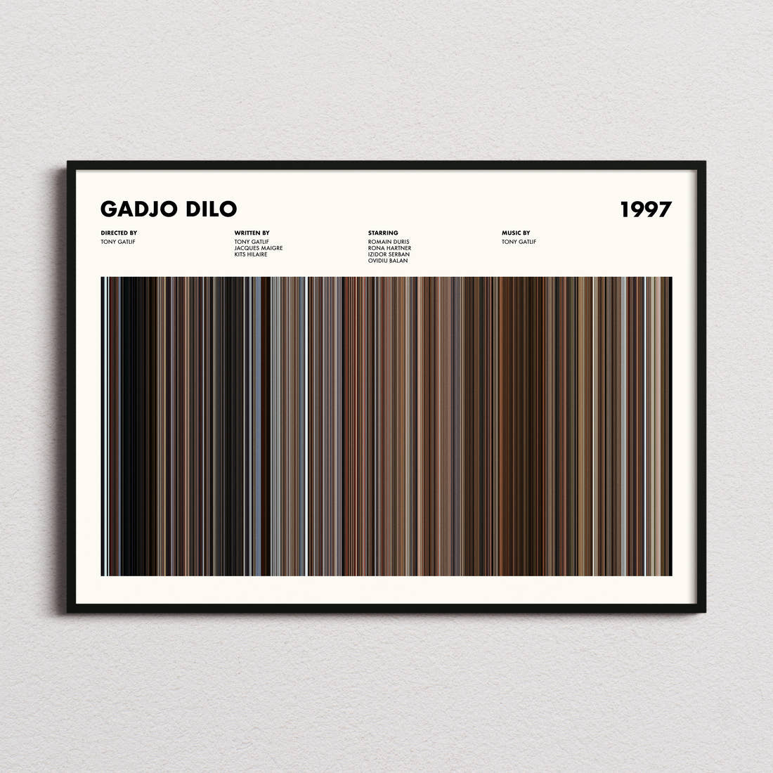 Gadjo Dilo Movie Barcode Poster framed and photographed straight on