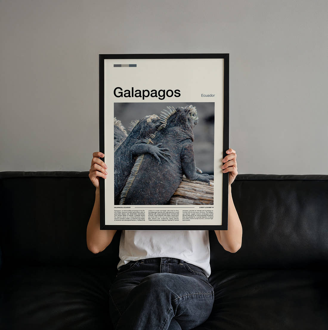 Galapagos Marine Iguanas Travel Print held up by hand to show the size of the print