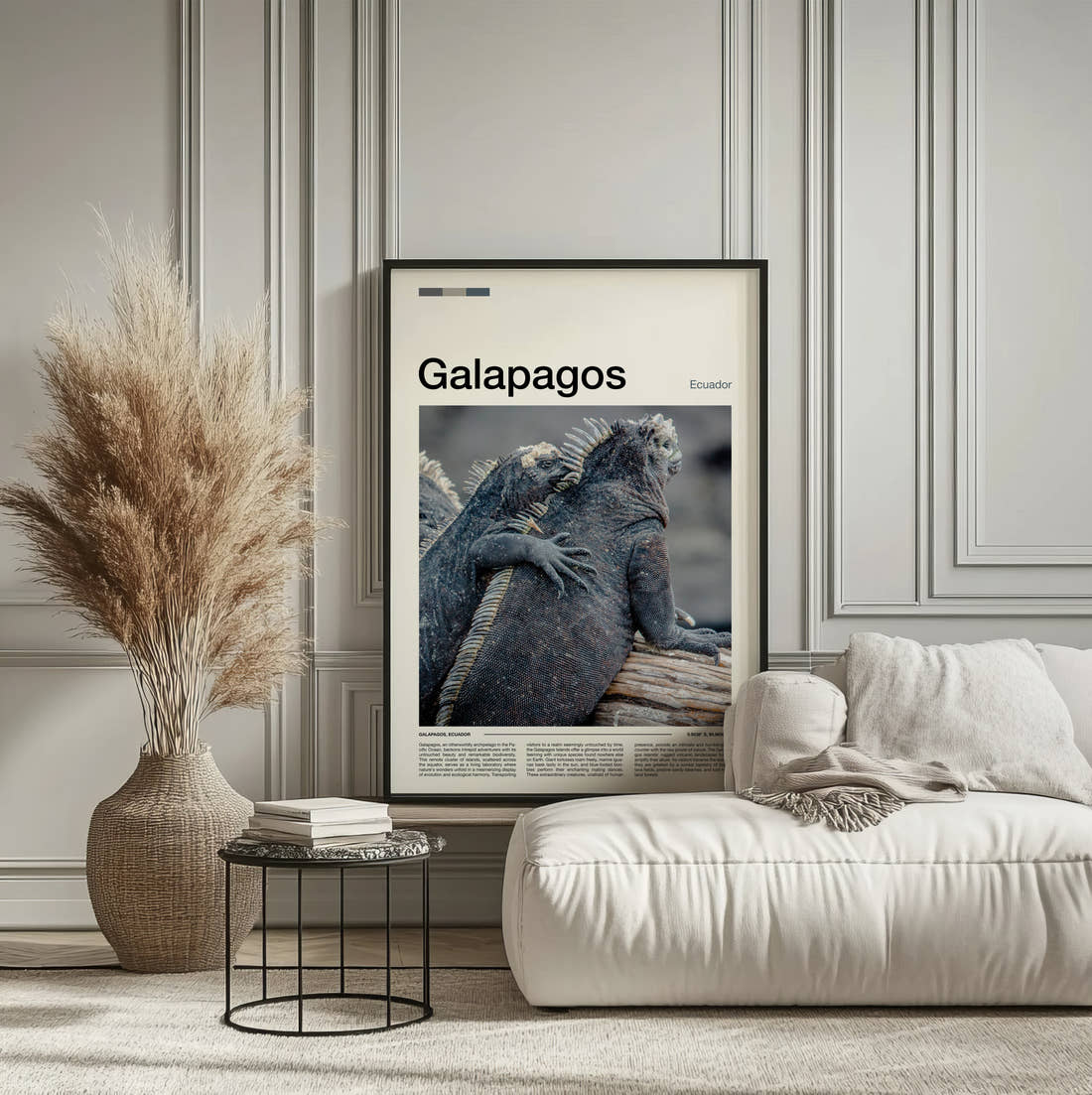 Galapagos Marine Iguanas Travel Print framed on the wall of a calm, neutral bedroom