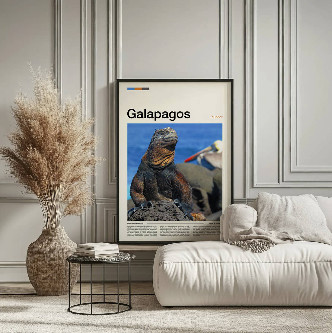 Galapagos Marine Iguana Travel Print framed on the wall of a calm, neutral bedroom