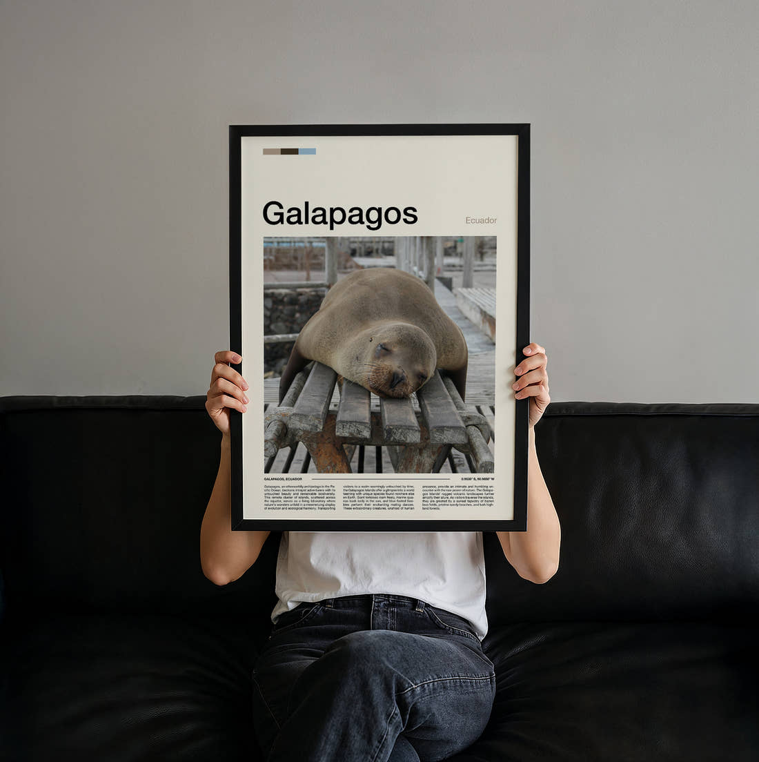 Galapagos Sleeping Sea Lion Travel Print held up by hand to show the size of the print