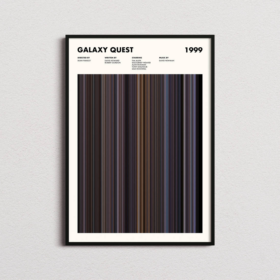 Galaxy Quest Movie Barcode Poster framed on a plain studio wall