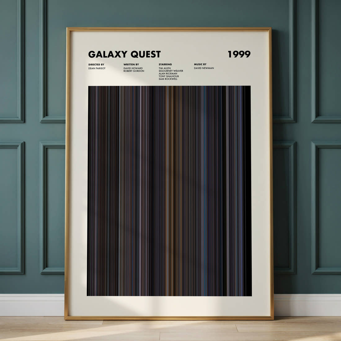 Galaxy Quest Movie Barcode Poster framed and leaning against a panelled wall