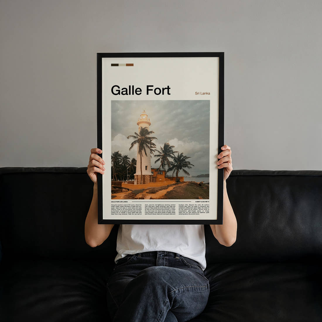 Galle Fort Lighthouse And Palms Travel Print held up by hand to show the size of the print
