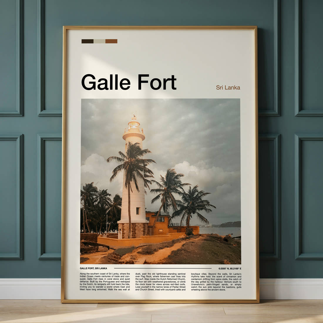 Galle Fort Lighthouse And Palms Travel Print framed on the wall of a calm, neutral bedroom