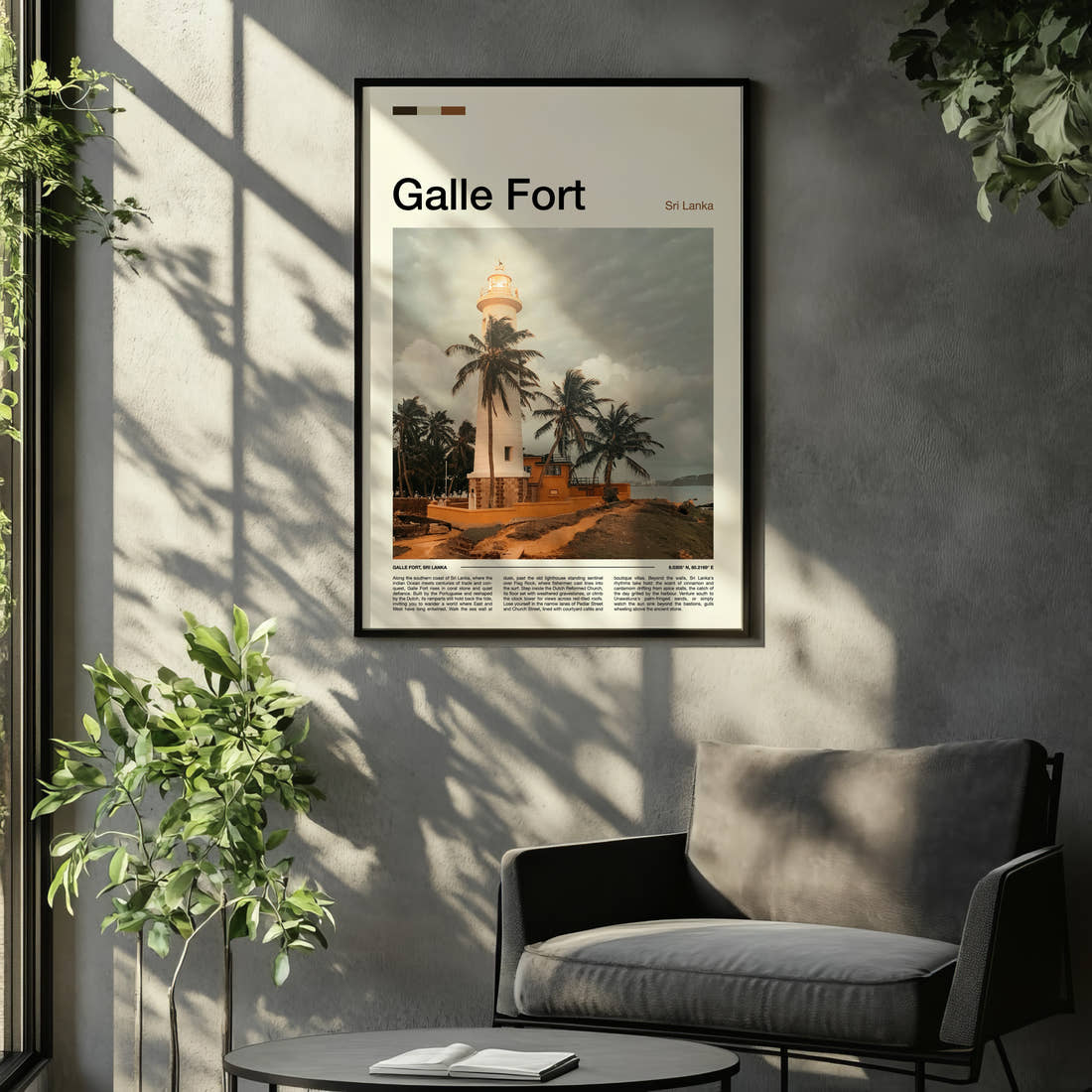 Galle Fort Lighthouse And Palms Travel Print framed on the wall of a relaxed living room