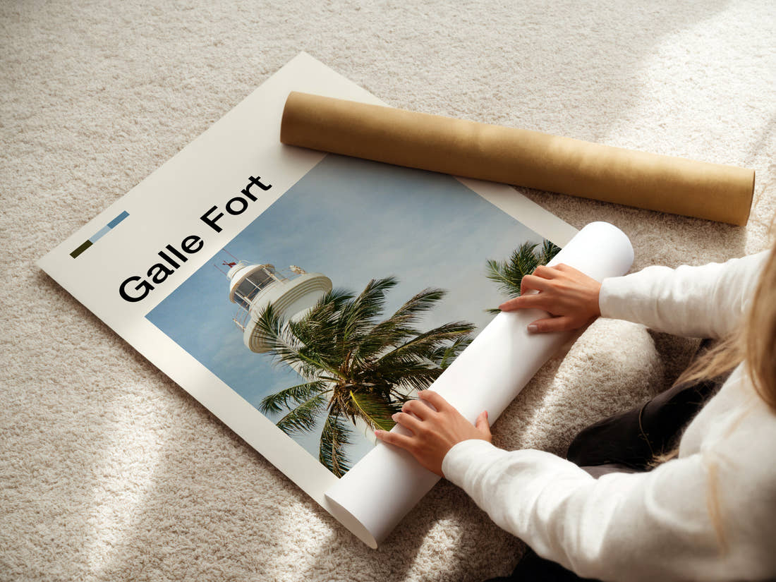 Galle Fort Lighthouse And Palms Travel Print being unrolled from its postal tube