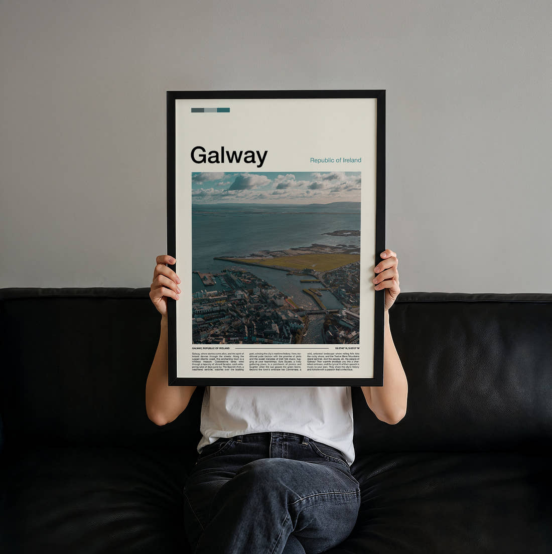 Galway Aerial View Of The Harbour Travel Print held up by hand to show the size of the print