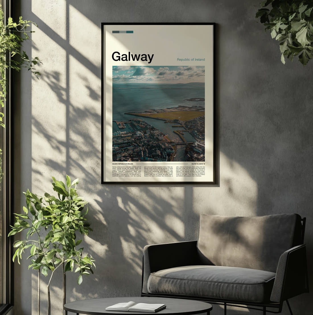 Galway Aerial View Of The Harbour Travel Print framed on the wall of a relaxed living room