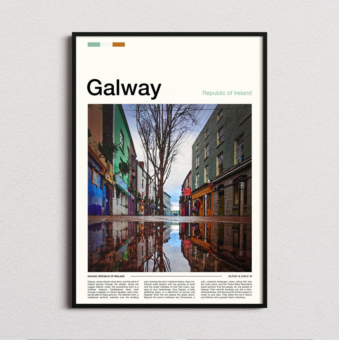 Galway Reflections In A Puddle Travel Print framed and photographed straight on