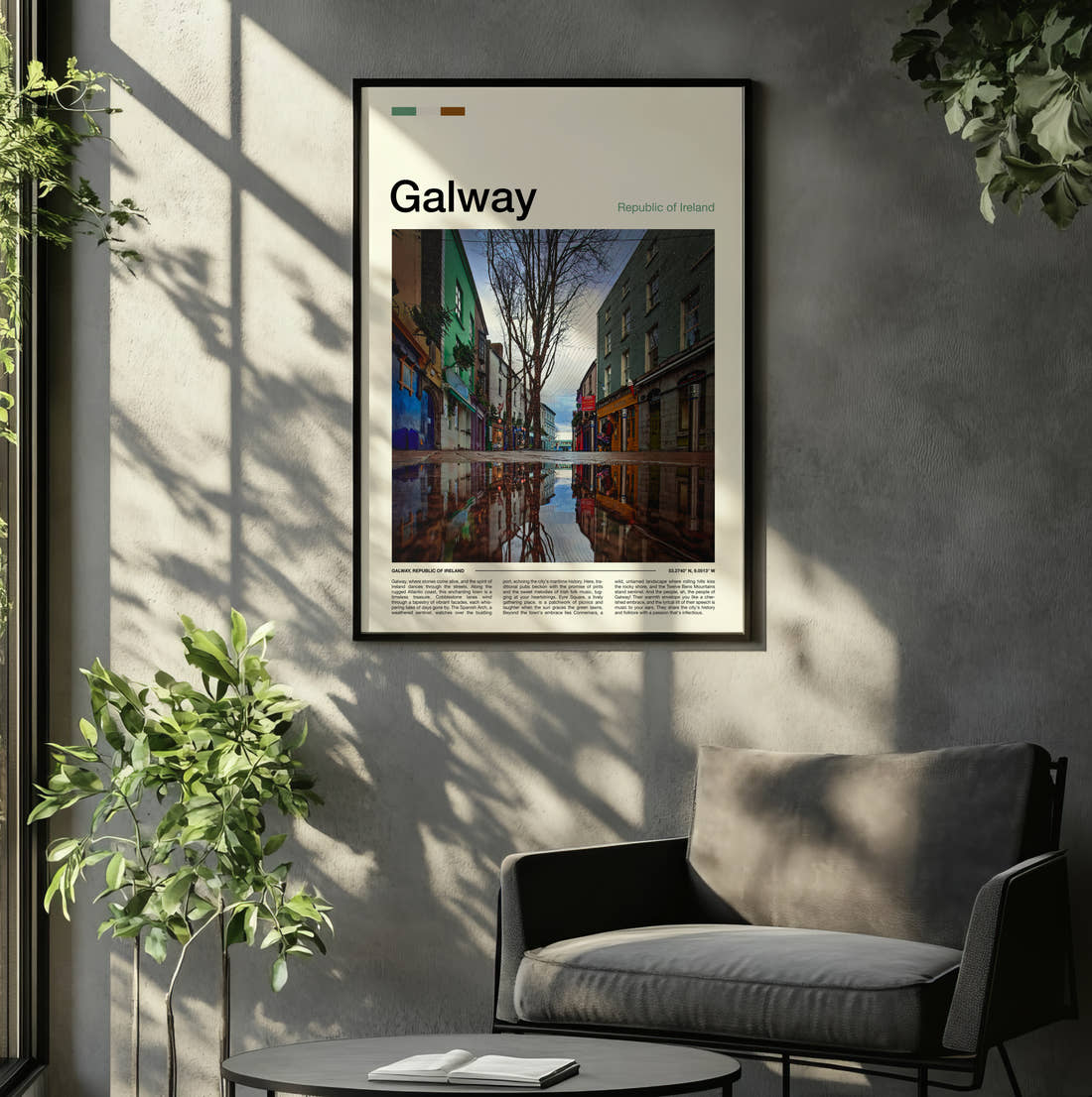 Galway Reflections In A Puddle Travel Print framed on the wall of a relaxed living room