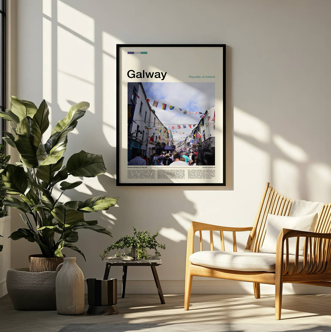 Galway Street With Bunting Travel Print framed on a pale wall beside houseplants