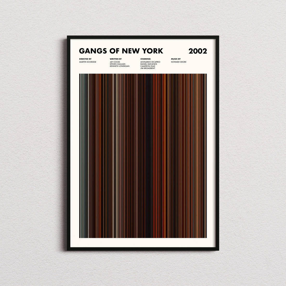 Gangs of New York Movie Barcode Poster framed on a plain studio wall