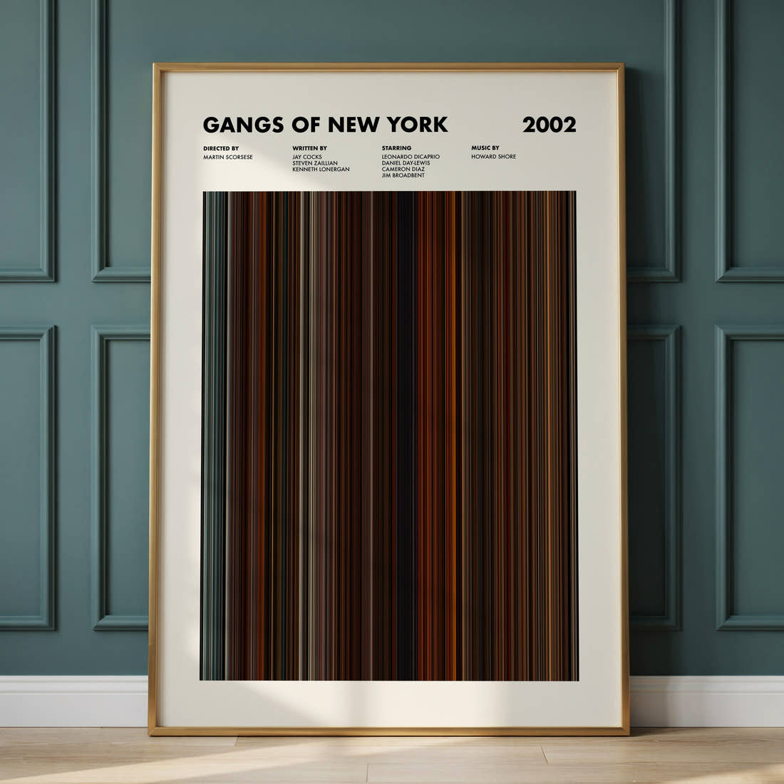 Gangs of New York Movie Barcode Poster framed and leaning against a panelled wall