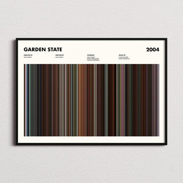 Garden State Movie Barcode Poster framed and photographed straight on