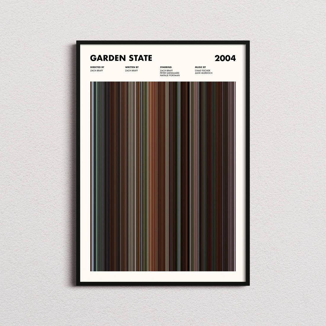 Garden State Movie Barcode Poster framed on a plain studio wall