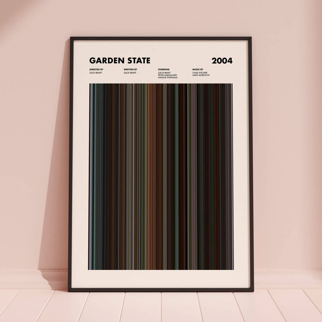 Garden State Movie Barcode Poster framed and leaning against a coloured wall