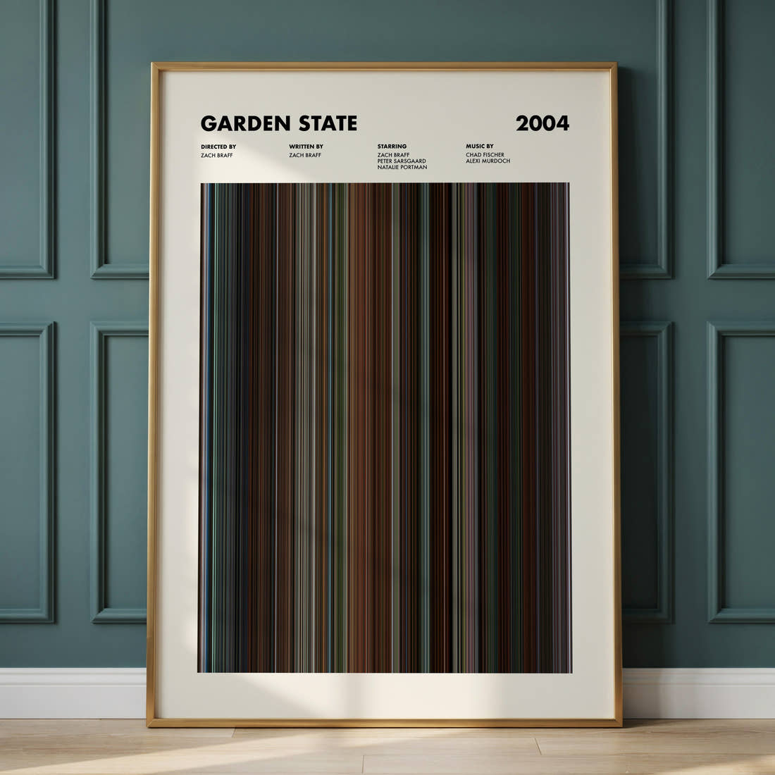 Garden State Movie Barcode Poster framed and leaning against a panelled wall