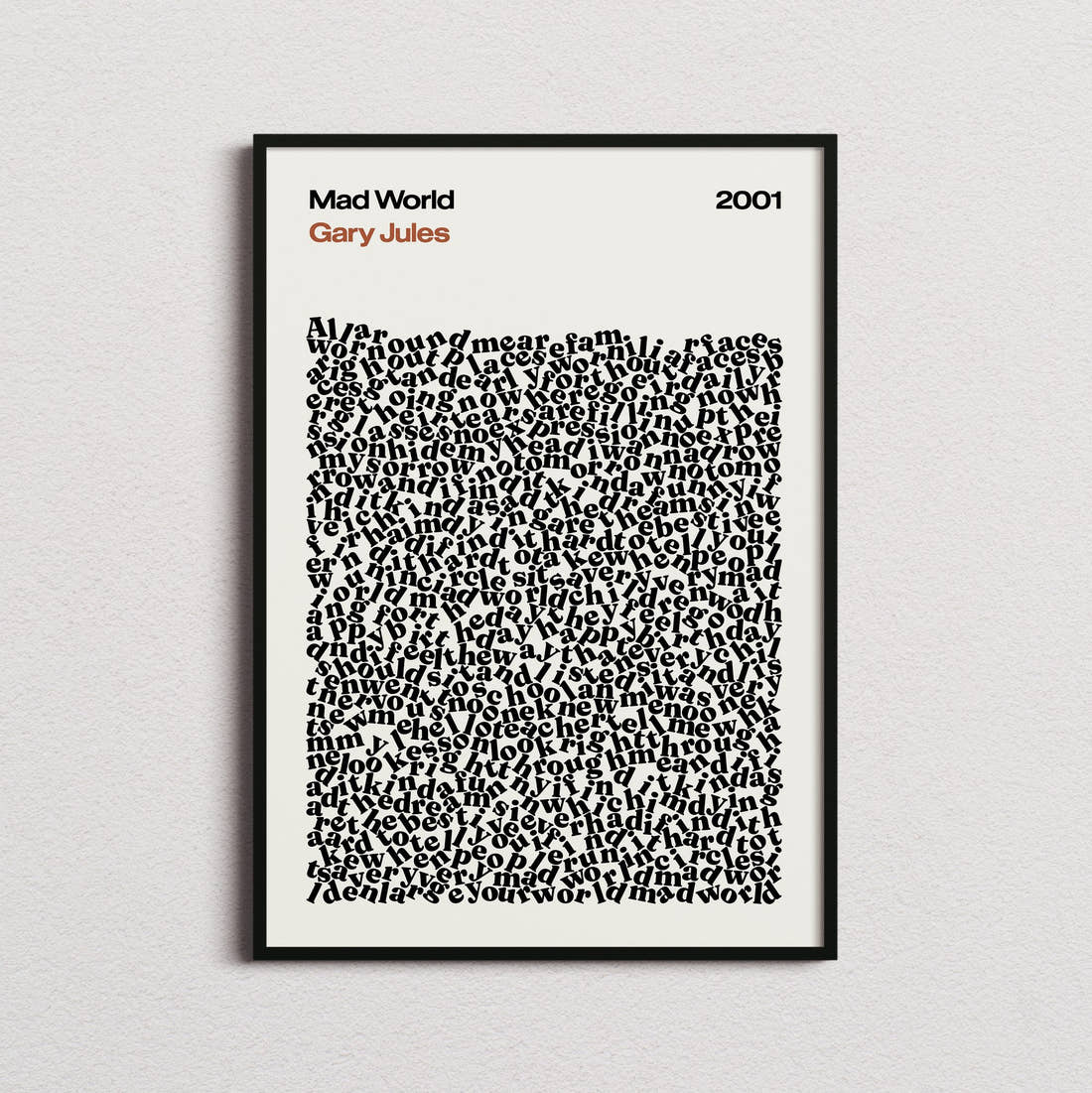 Gary Jules Mad World Lyric Print in the cream colourway, framed
