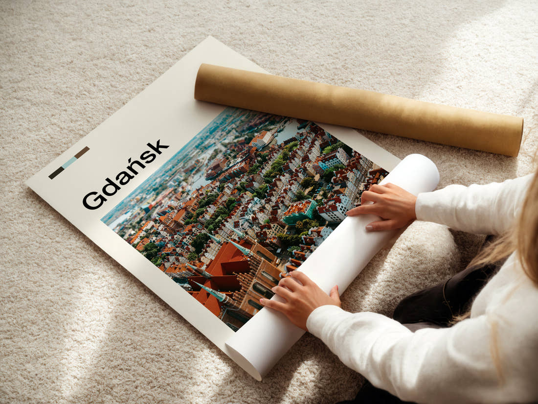 Gdańsk Old Town From Above Travel Print being unrolled from its postal tube