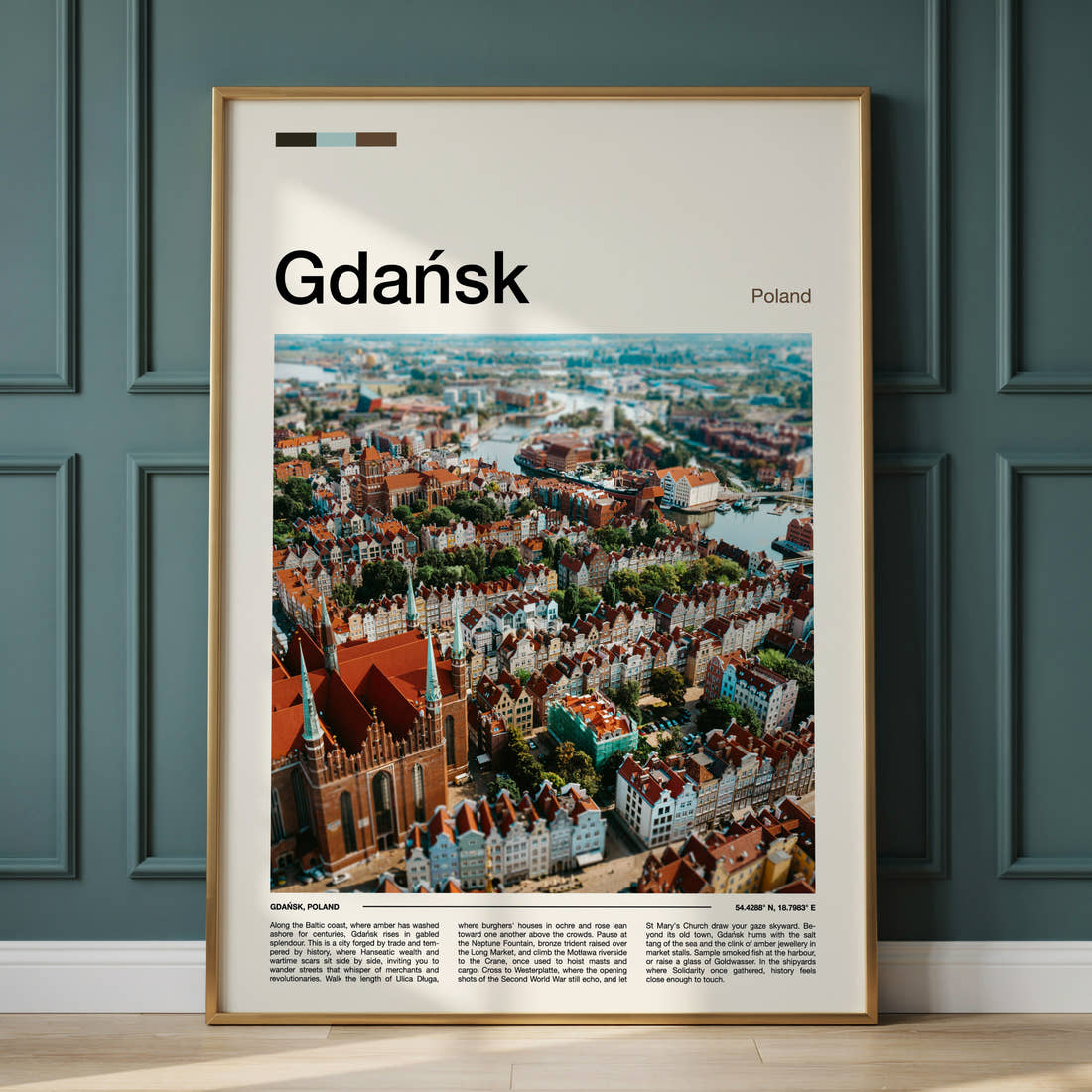 Gdańsk Old Town From Above Travel Print framed on the wall of a calm, neutral bedroom