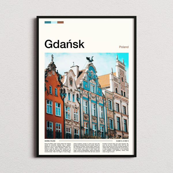 Gdańsk Colourful Gabled Facades Travel Print framed and photographed straight on