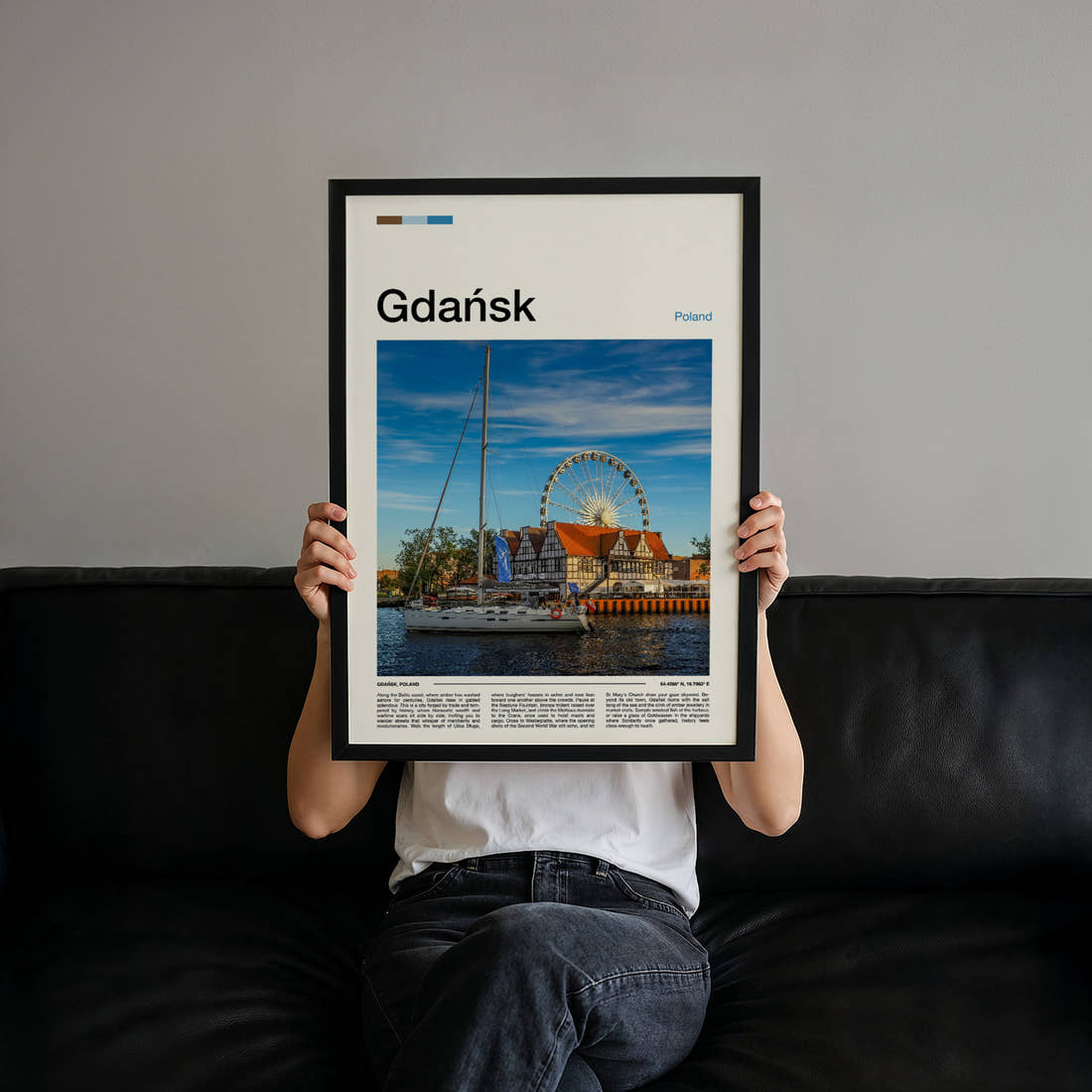 Gdańsk Ferris Wheel Waterfront Travel Print held up by hand to show the size of the print