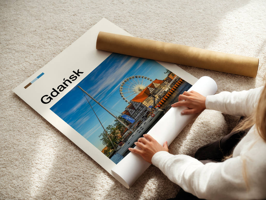 Gdańsk Ferris Wheel Waterfront Travel Print being unrolled from its postal tube