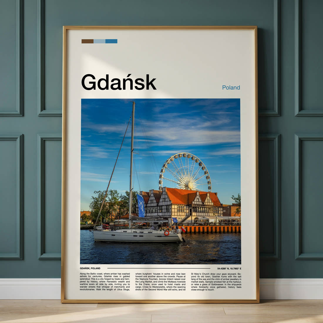 Gdańsk Ferris Wheel Waterfront Travel Print framed on the wall of a calm, neutral bedroom