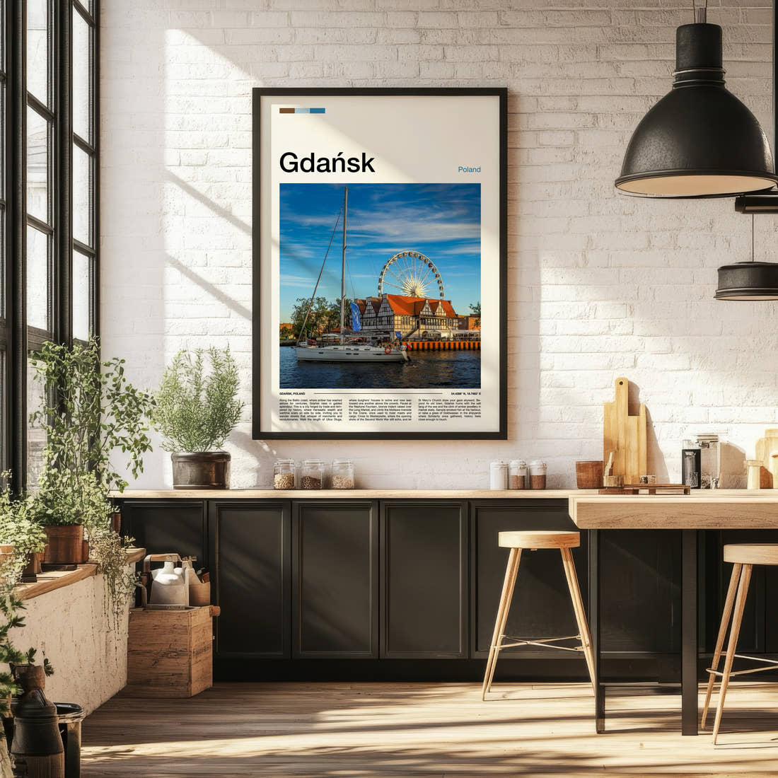 Gdańsk Ferris Wheel Waterfront Travel Print framed on the wall of a bright kitchen and dining space