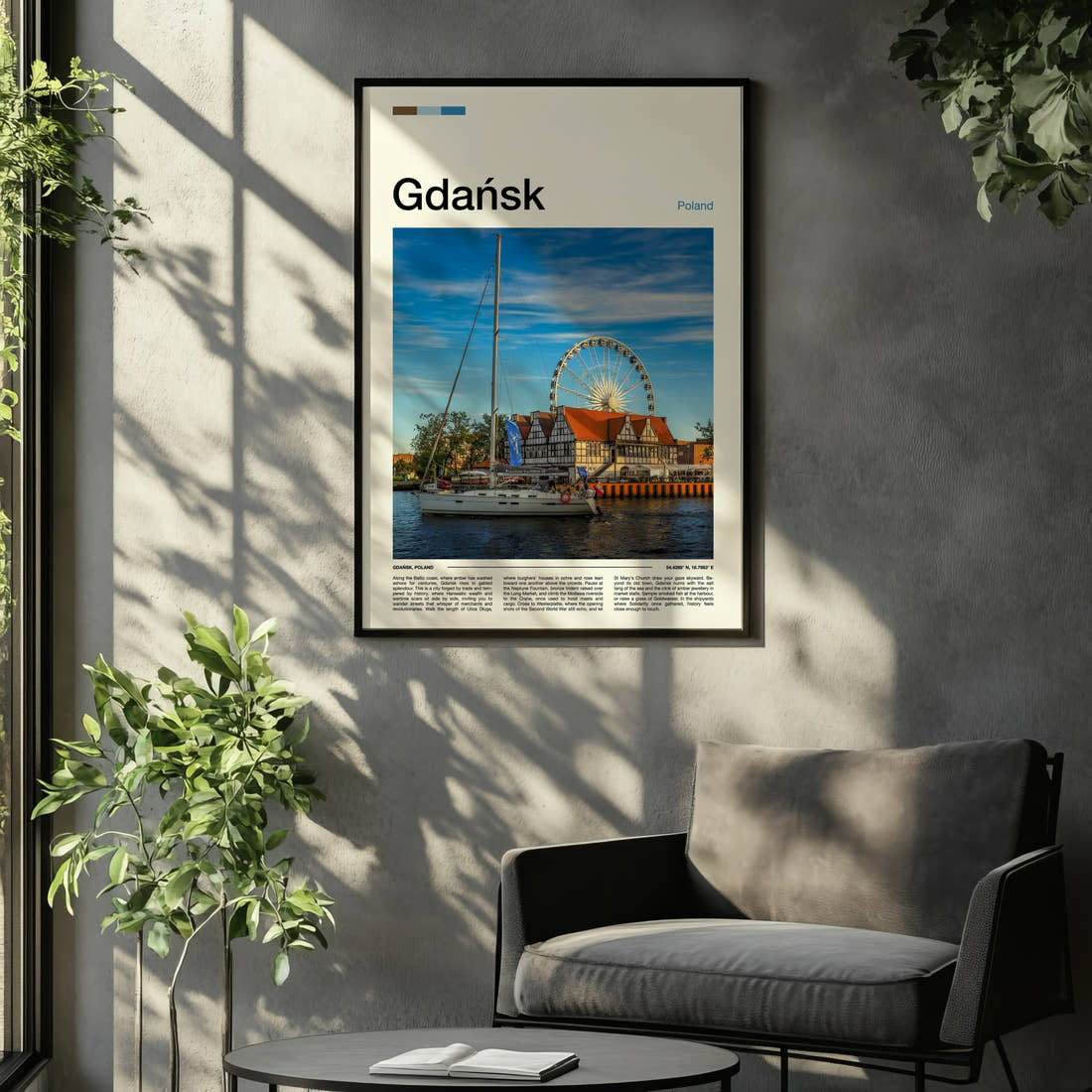 Gdańsk Ferris Wheel Waterfront Travel Print framed on the wall of a relaxed living room