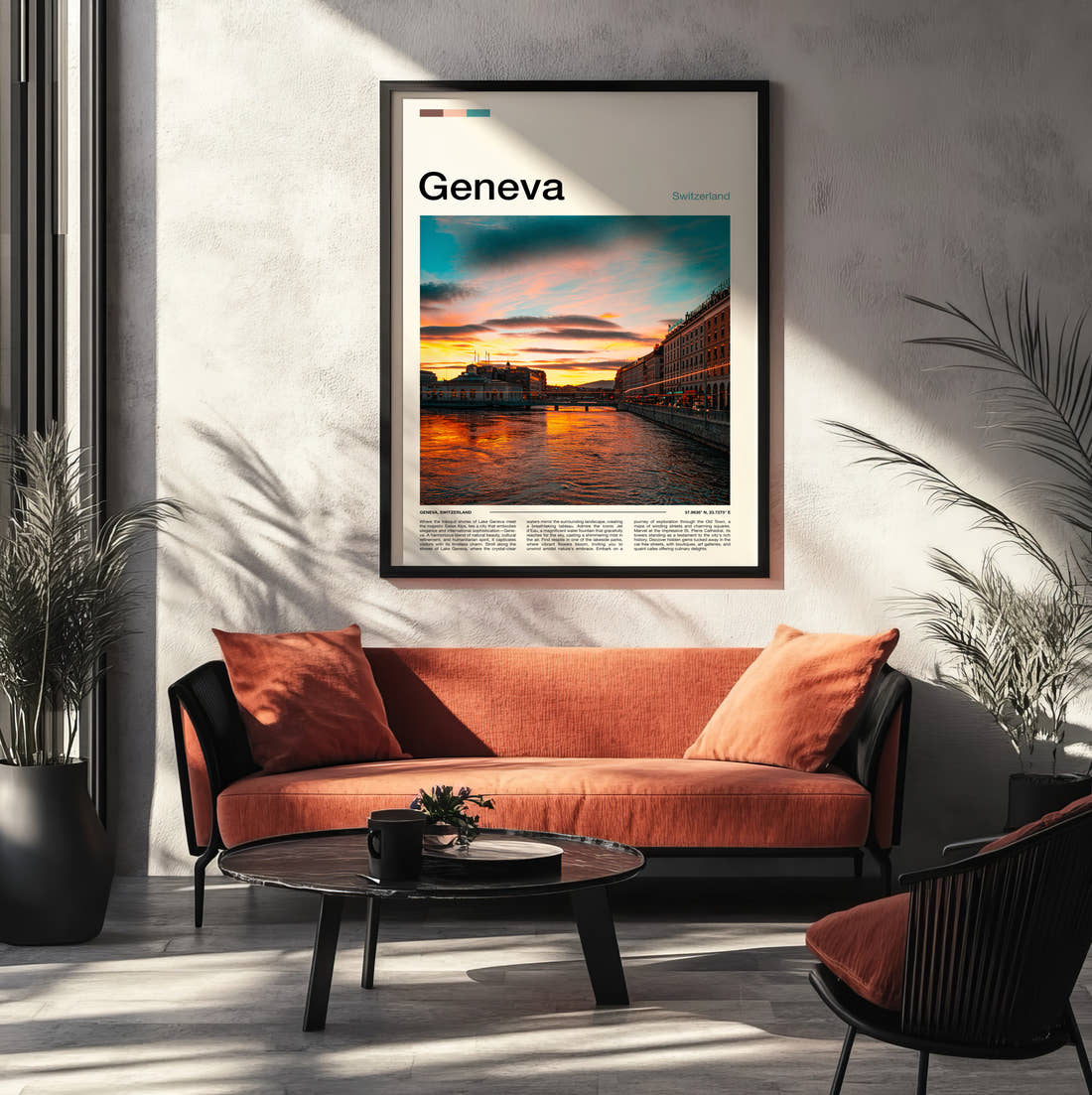 Geneva Travel Print framed on the wall of a modern living room