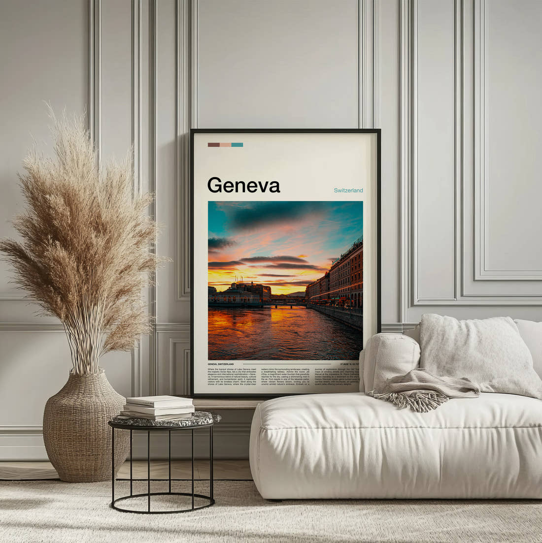 Geneva Travel Print framed on the wall of a calm, neutral bedroom