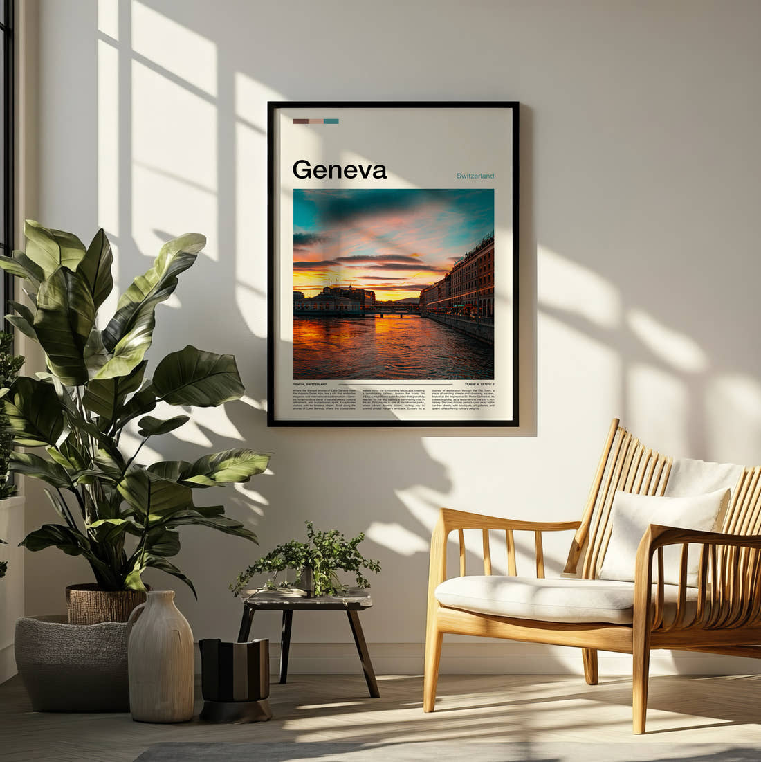 Geneva Travel Print framed on a pale wall beside houseplants