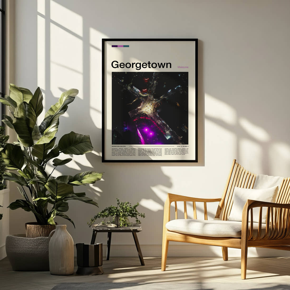 Georgetown Travel Print framed on a pale wall beside houseplants