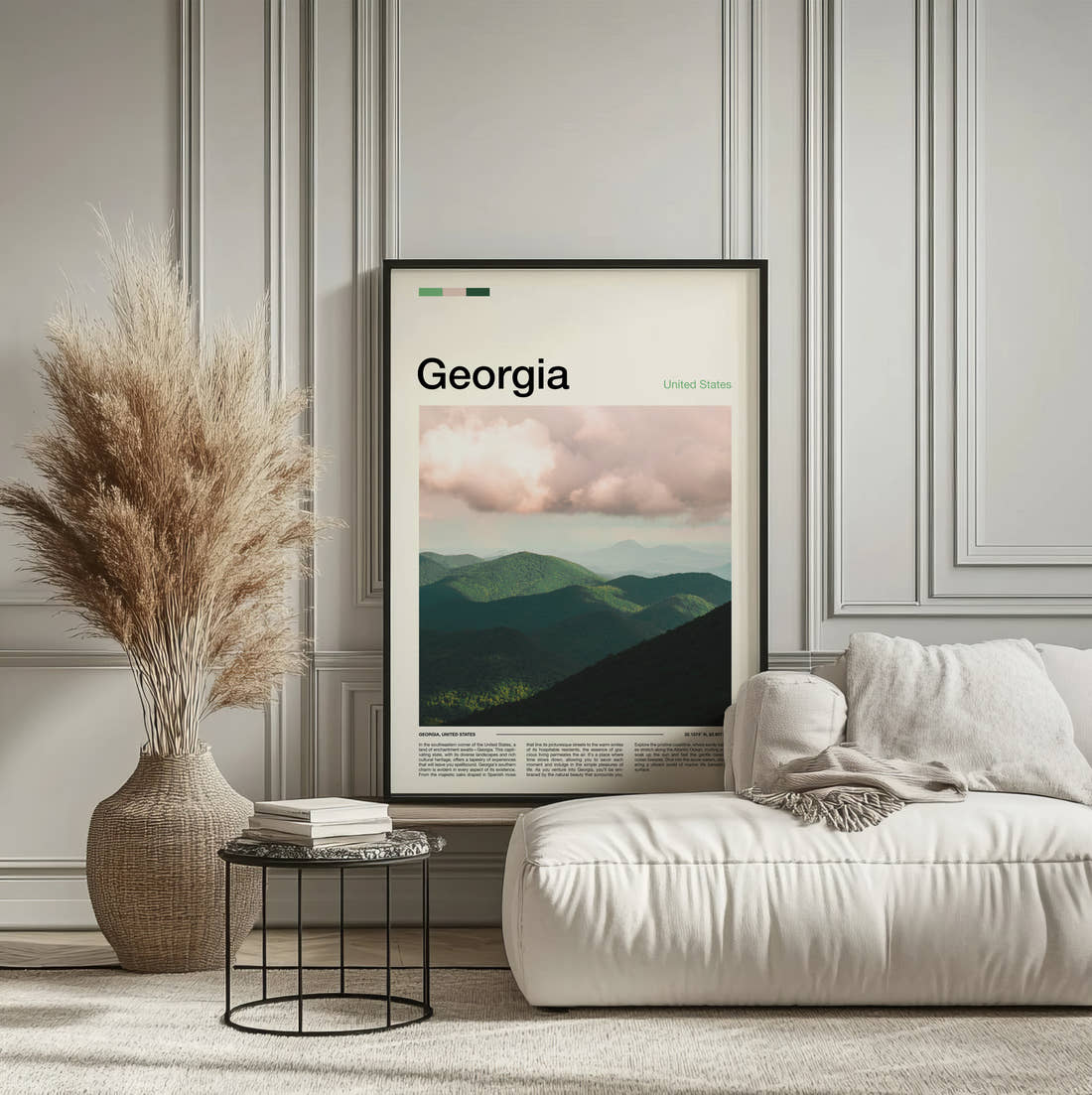 Georgia Misty Green Mountains Travel Print framed on the wall of a calm, neutral bedroom