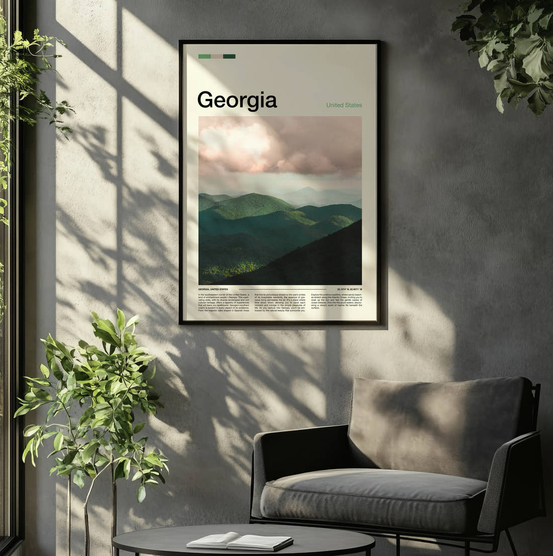 Georgia Misty Green Mountains Travel Print framed on the wall of a relaxed living room